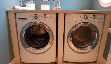 Moderne wasmachine in een opgeruimde wasruimte naast neatly gevouwen kleding